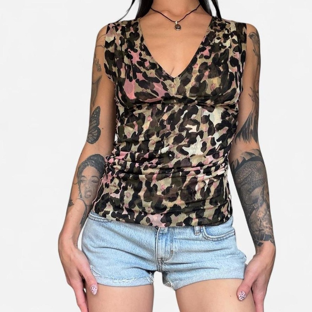 Diane Von Furstenberg Pink and Brown Camouflage Tank Top